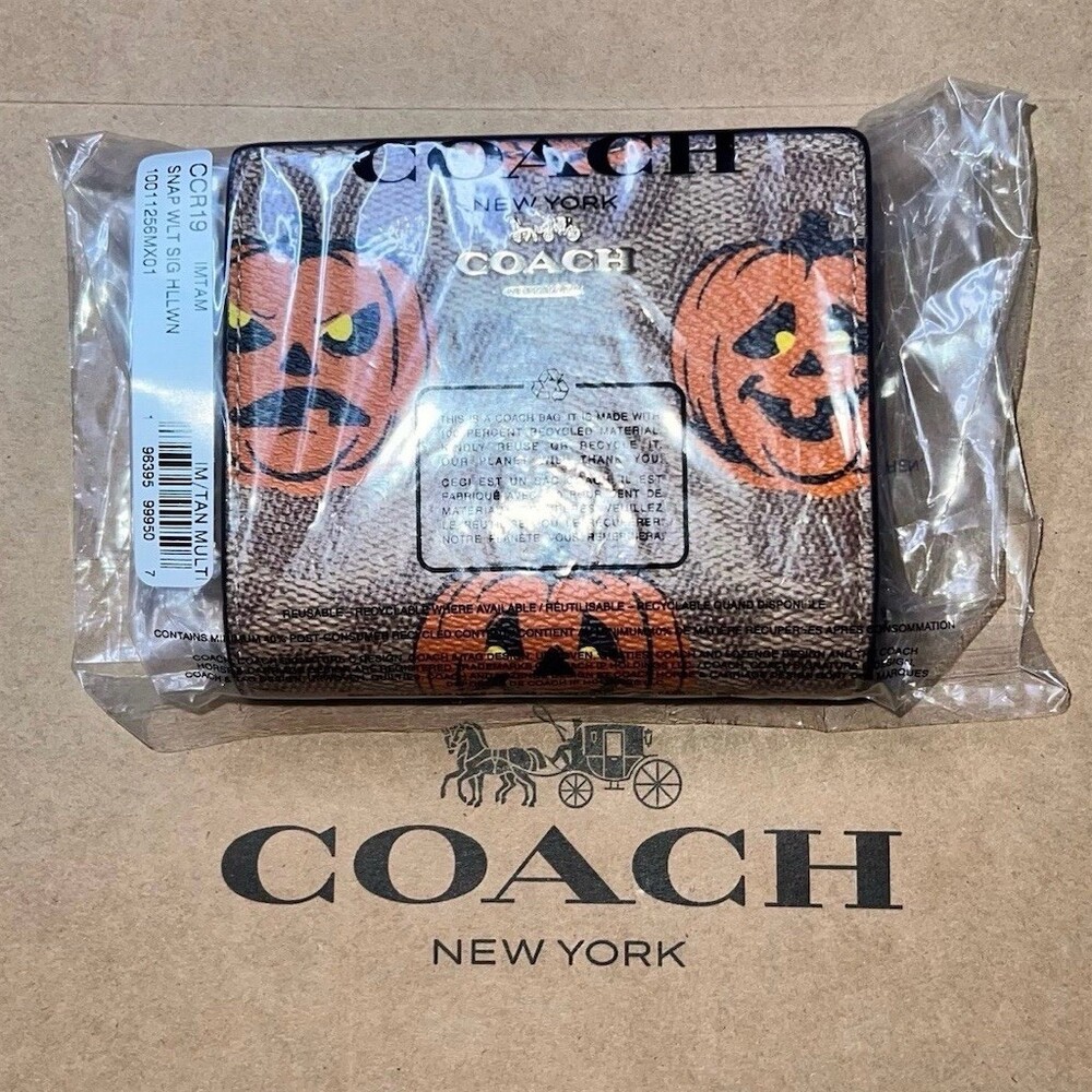COACH Pumpkin Print Snap Wallet Signature Canvas Halloween CCR19 AUTHENTIC NWT